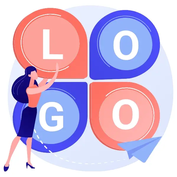 Image de la section "Création de logo" de l'offre du pack entreprise qui représente "LOGO" écrit dans plusieurs cases avec une silhouette de femme qui la présente