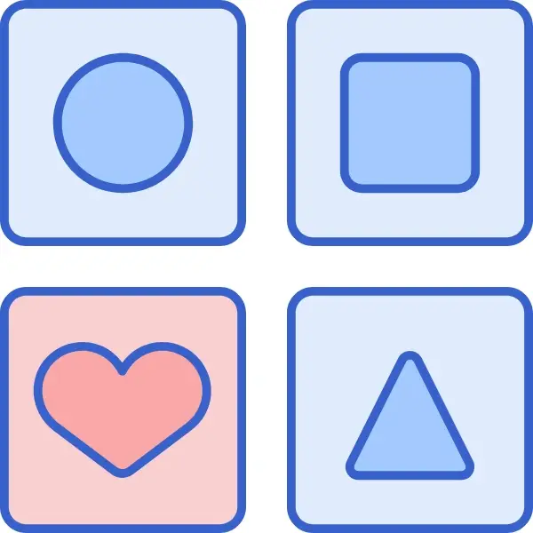 Image de la section Optimisation pour le SEO de la section nos valeurs pour la création d'un site internet représentant 3 carrés bleus avec un rond, un triangle et un avec un carré au centre et un carré rouge avec un cœur