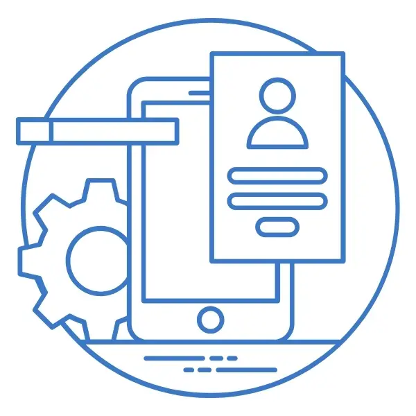 Image de la section Expérience utilisateur (UX) optimisée de la création d'un site e-commerce représentant un téléphone, un profil et un symbole de réglage